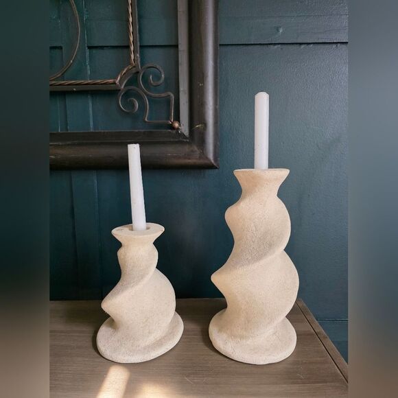 1991 Vintage Spiral Chunky Candlestick Holders Pair 11' & 7.5' Sculptural - Picture 10 of 11